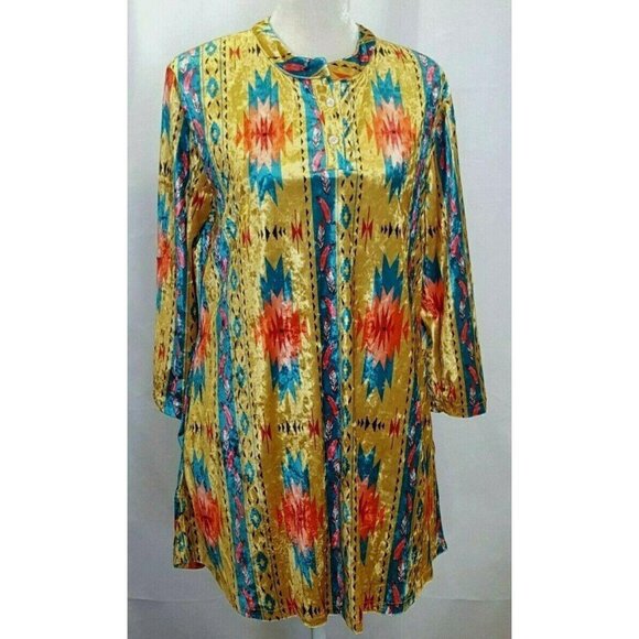 Women's Size Large Top Velour Aztec Yellow Tunic Roll Tab Sleeve Band Collar - Picture 3 of 8